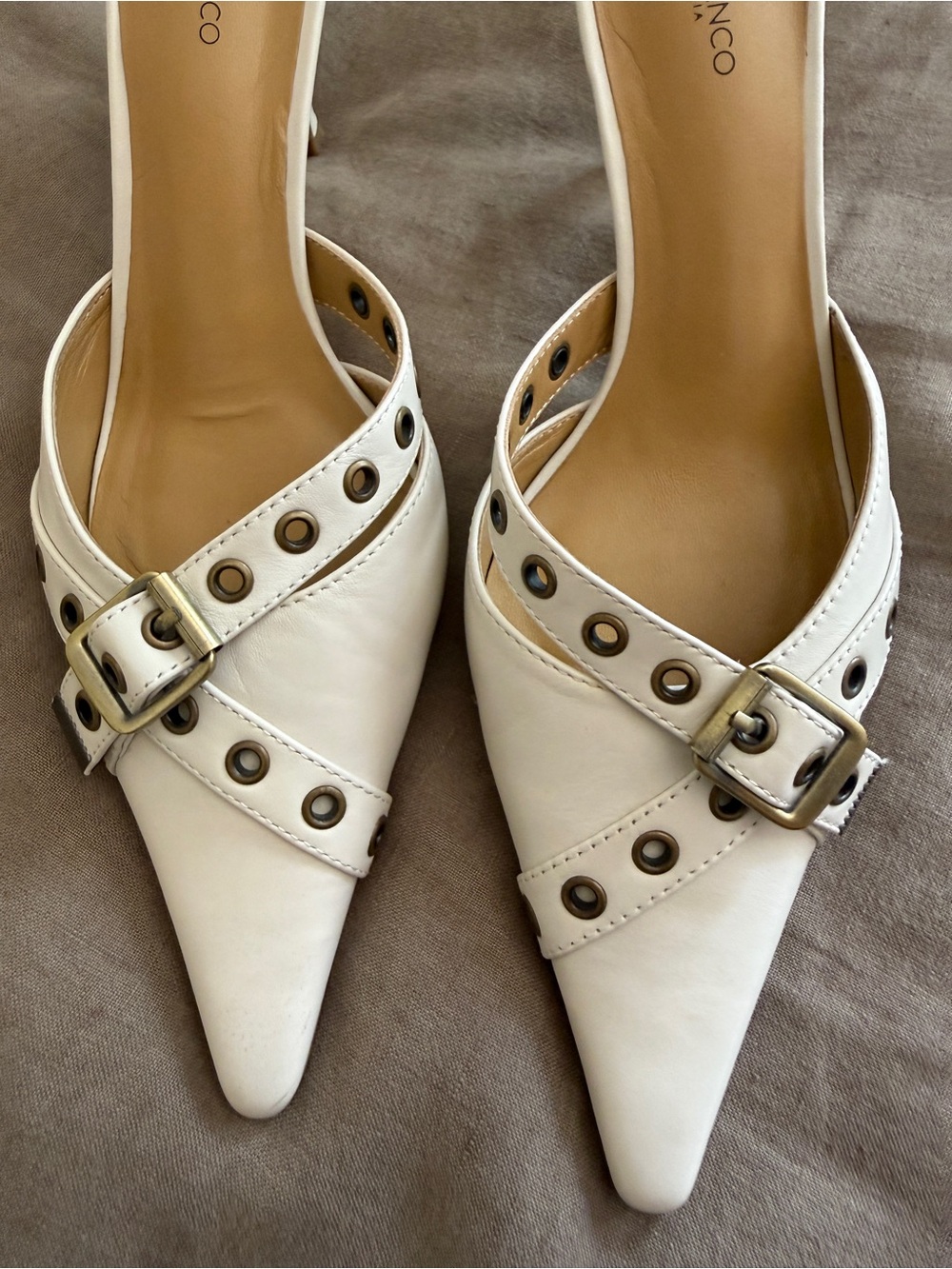Tony Bianco White Pointed Buckle Mules with Eyelet Detail - Picture 3 of 4